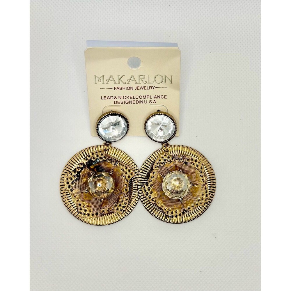 Makarlon Bronze-Tone Textured Floral Statement Earrings with Clear Crystals
